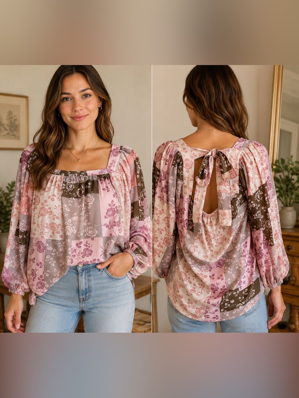 Andrée by Unit Floral Patchwork Peasant Blouse Size Small Cottagecore Boho